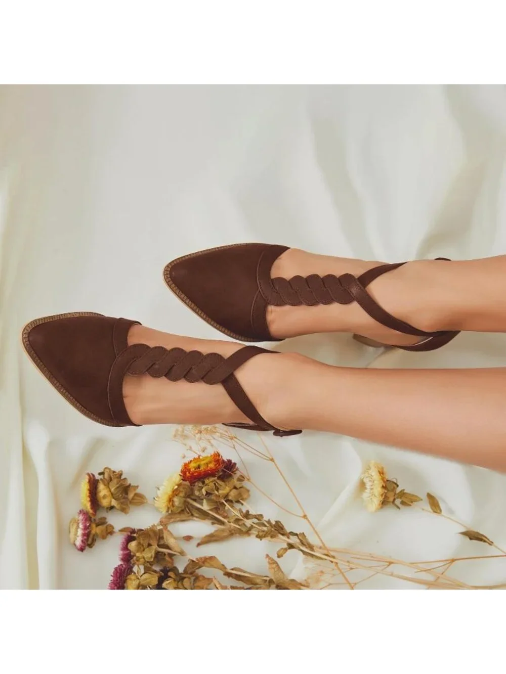 Women's Dark Brown Chunky Heels T Strap Pointed Toe Stacked Heeled Sandals Pumps